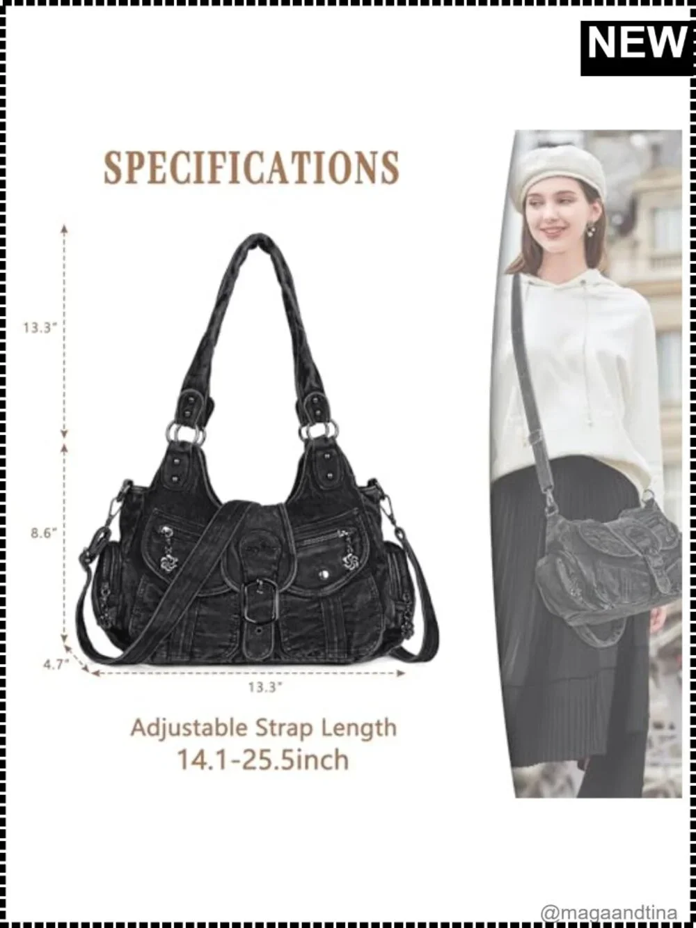 Vegan Leather Hobo Shoulder Bag with Crossbody Strap Multi-Pocket Tote